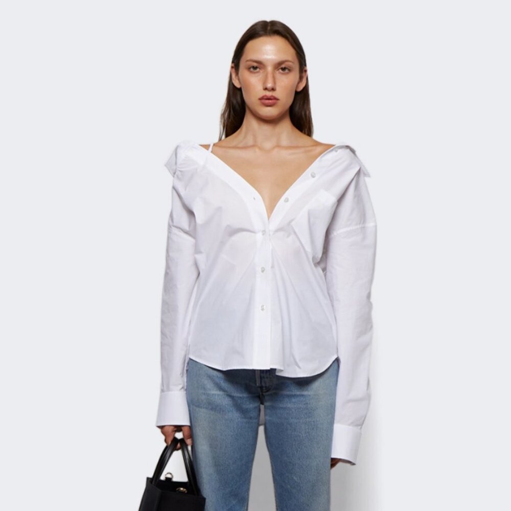 NWT Alexander Wang Off The Shoulder Button Down Shirt With Scrunchie Strap White